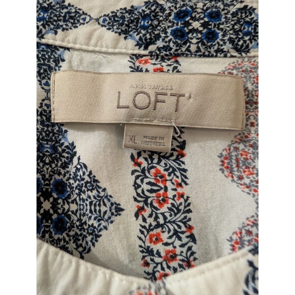 LOFT Womens XL Long Sleeve Boho Geometric Blouse Ivory Blue Tunic Top - Picture 9 of 12